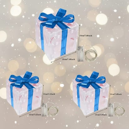 Decorative gift box with blue ribbon and measurements on a white background