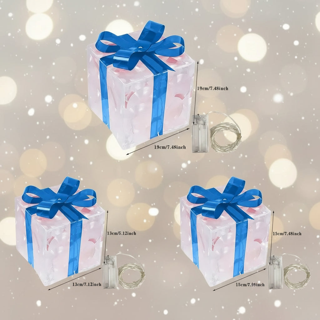 Decorative gift box with blue ribbon and measurements on a white background