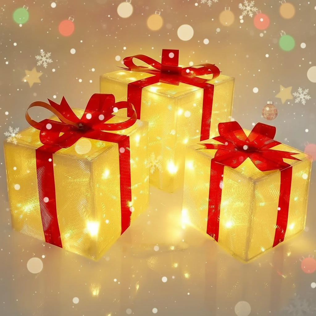 Three illuminated gift boxes with red ribbons on a neutral background