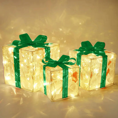 *Shine Bright*3pcs Light Up Gift Boxes Glowing Decoration Folding Box with Bow LED Lighting Luminous Christmas Party Desktop Present Ornament