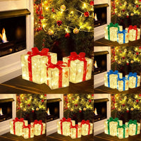 Collage of Christmas gift boxes with lights in front of a fireplace.