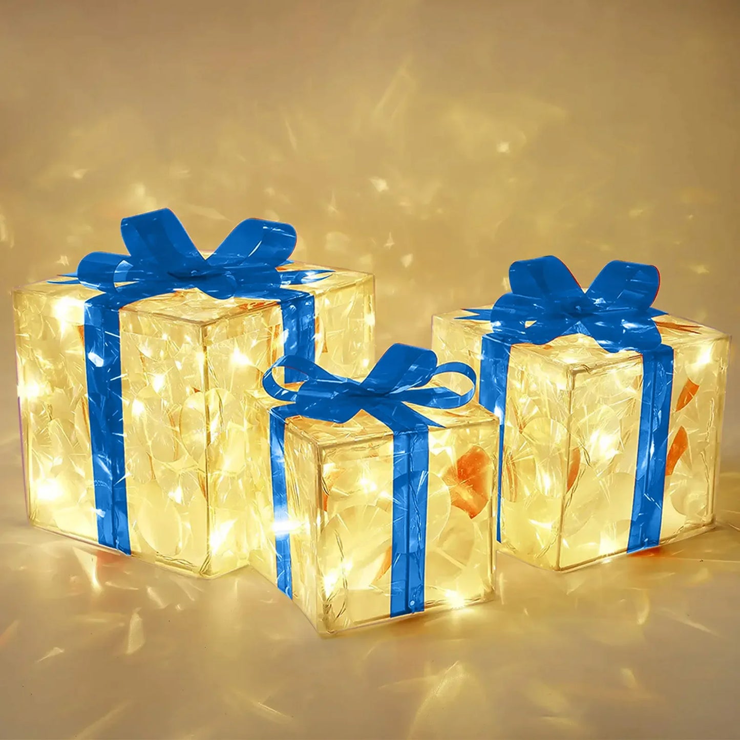 *Shine Bright*3pcs Light Up Gift Boxes Glowing Decoration Folding Box with Bow LED Lighting Luminous Christmas Party Desktop Present Ornament