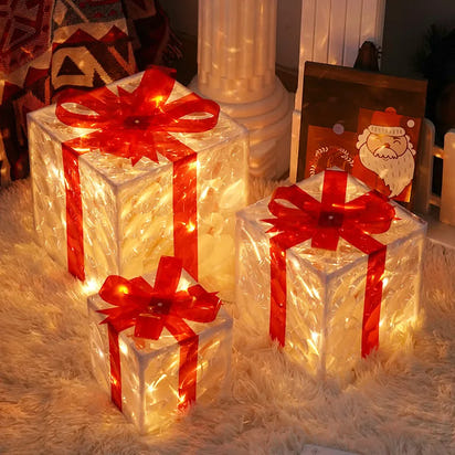 *Shine Bright*3pcs Light Up Gift Boxes Glowing Decoration Folding Box with Bow LED Lighting Luminous Christmas Party Desktop Present Ornament
